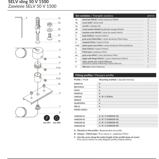 SLING SELV 50V 1500 SILVER FÜGGESZTŐ