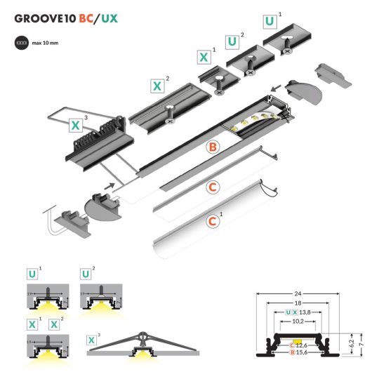 Topmet GROOVE10 bútorlapba süllyeszthető LED profil natur aluminium felülettel 4 méteres szálban