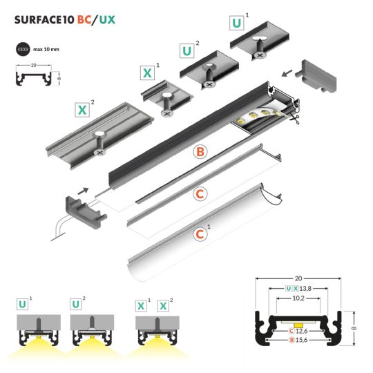 Topmet SURFACE10 profil eloxalt aluminium változatban 3 méteres szálban