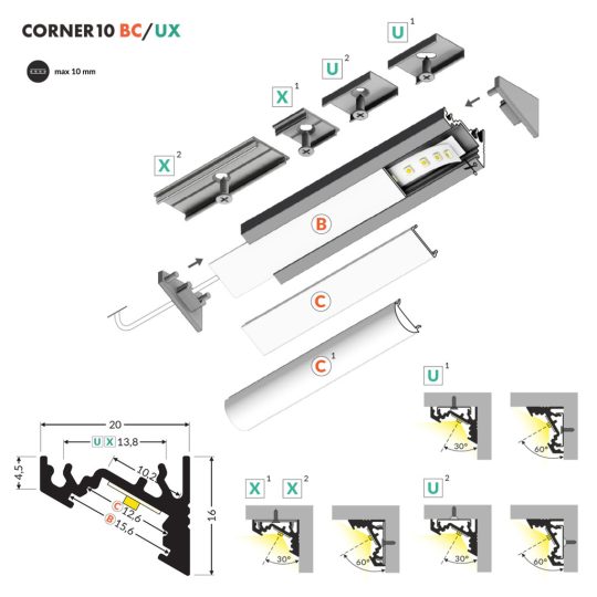 Topmet CORNER10 sarokba építhető LED profil natur alumínium felülettel 4 méteres szálban