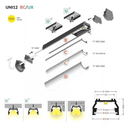 Topmet UNI12 LED profil natur aluminium változatban