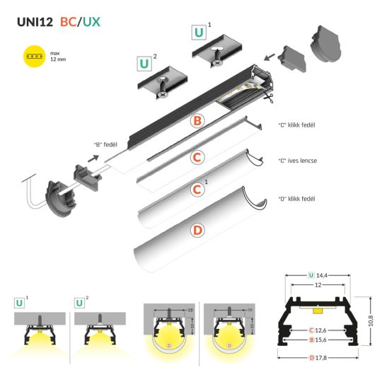 Topmet UNI12 LED profil fehér színben