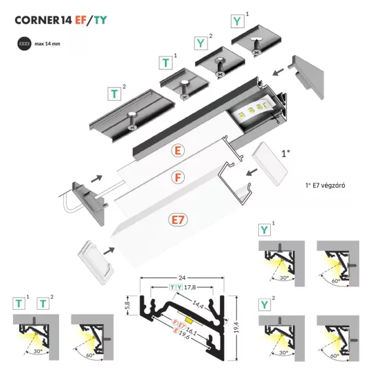 Topmet CORNER14 sarokba szerelhető LED profil natur alu változatban