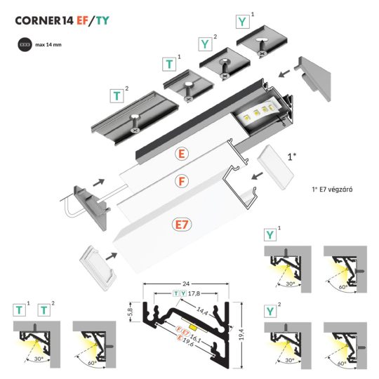 Topmet CORNER14 sarokba szerelhető LED profil fehér színben