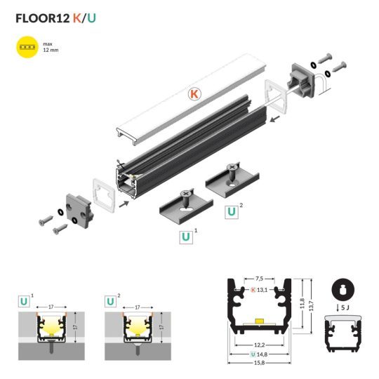 Topmet FLOOR12 padlóba süllyeszthető LED profil eloxált változatban