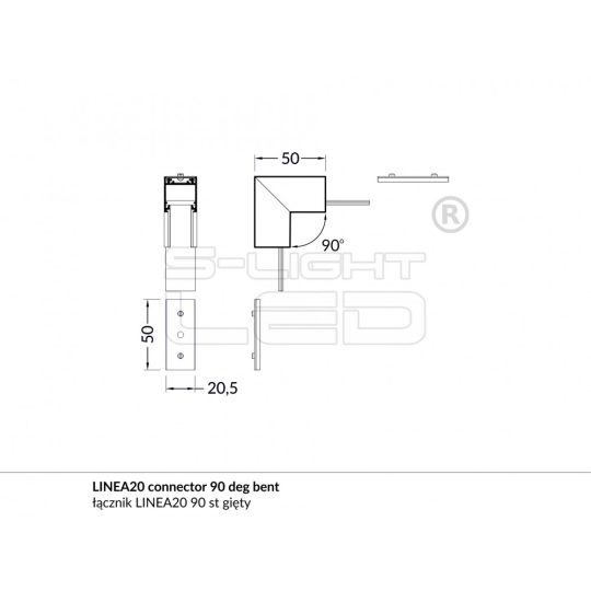 LED profil LINEA20 eloxált ALU térben forduló sarokidom 90°