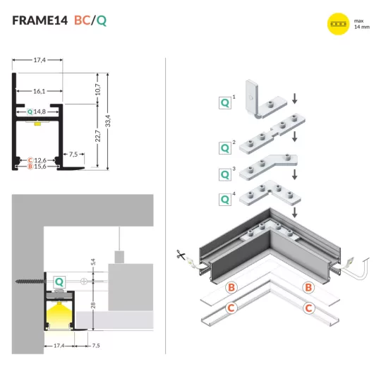 Topmet FRAME14 gipszkarton LED profil natur alu felülettel
