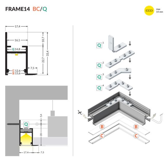 Topmet FRAME14 gipszkarton LED profil eloxált aluminium felülettel