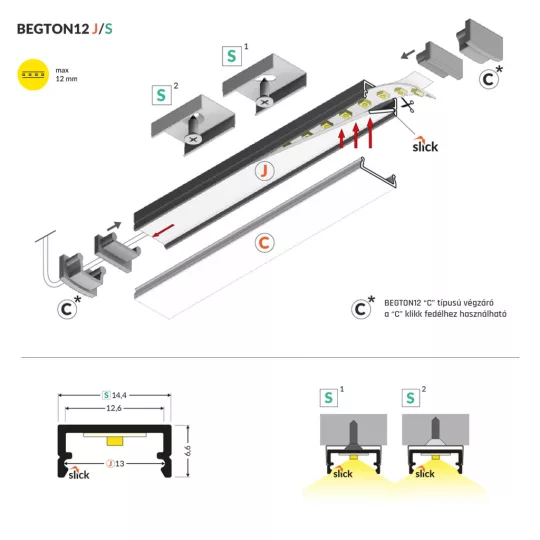 Topmet BEGTON12 LED profil natur aluminium változatban 4 méteres szálban