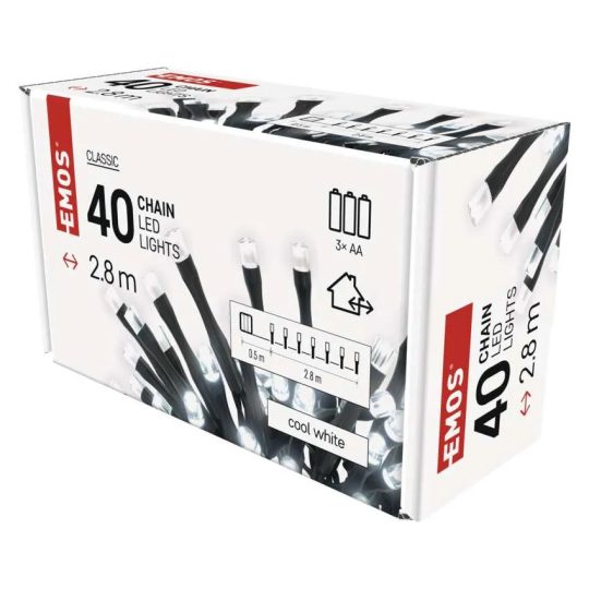 EMOS LED karácsonyi fényfüzér, 2,8 m, 3xAA, kültéri és beltéri, hideg fehér, időzítő