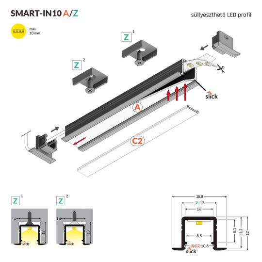 Topmet SMART-IN10 süllyeszthető LED profil fekete színben