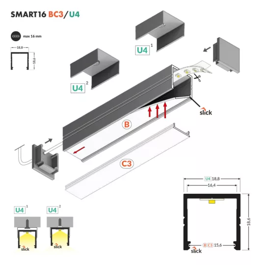 Topmet SMART16 LED profil fekete színben