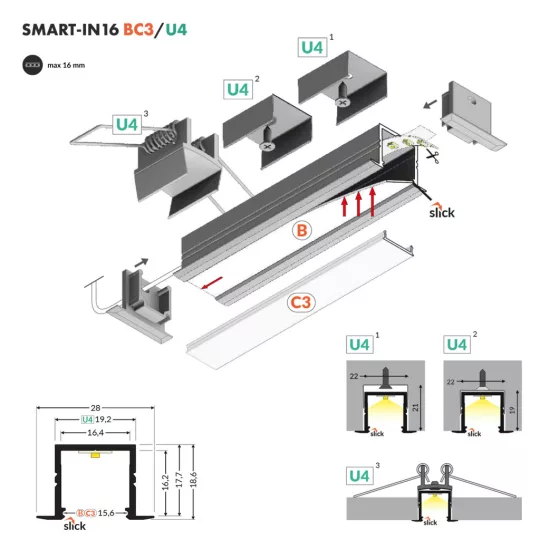 Topmet SMART-IN14 süllyeszthető LED profil fehér színben