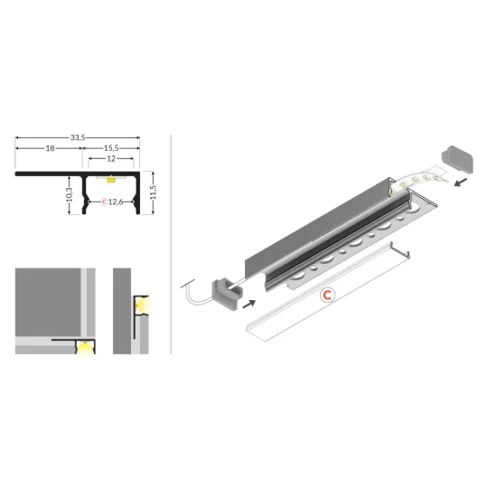 LED PROFIL UNI-TILE12 PLUS 180° csempe LED profil 2m