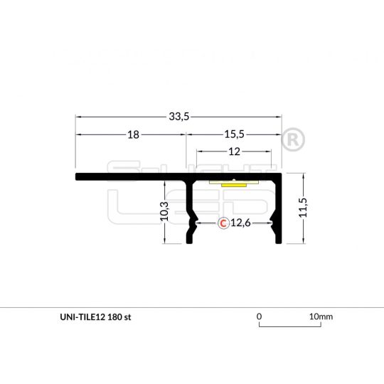 LED PROFIL UNI-TILE12 PLUS 180° csempe LED profil 2m