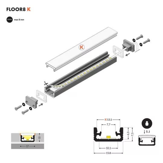 Topmet FLOOR8 K padlóba építhető LED profil eloxált változatban