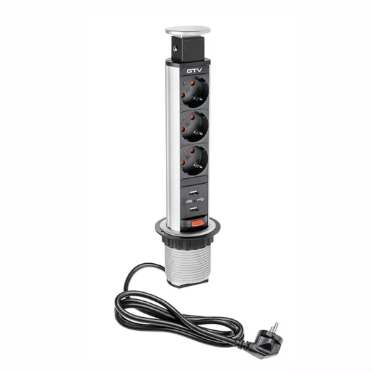 GTV 3X230V+ 2XUSB IP20 ezüst  műanyag 60mm pultba süllyedő dugalj
