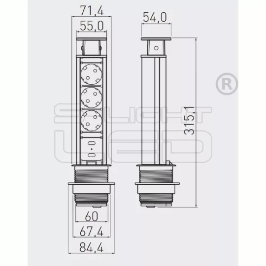 GTV 3X230V+ 2XUSB IP20 ezüst  műanyag 60mm pultba süllyedő dugalj