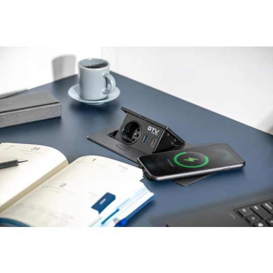 GTV 1X230V 2XUSB indukciós töltő beépíthető elosztó fekete alu ház IP20