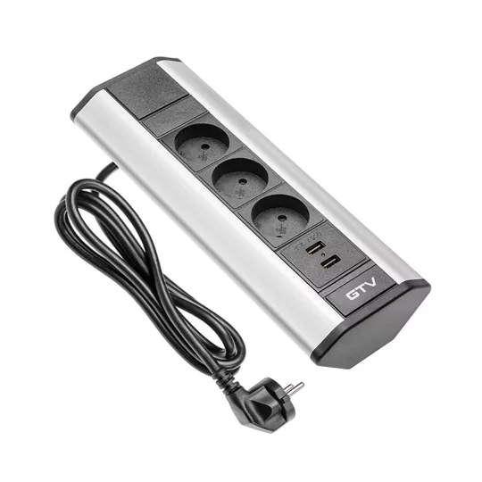 GTV 3x230V+2xUSB sarokba illeszthető elosztó szürke