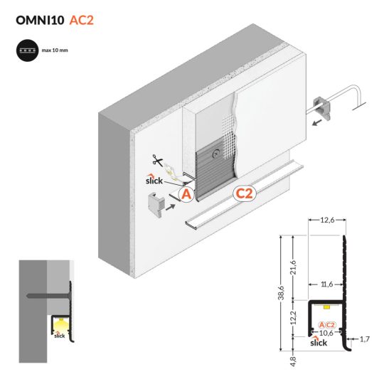 Topmet LED profil OMNI10 AC2 eloxált gipszkartonba süllyesztett világításhoz