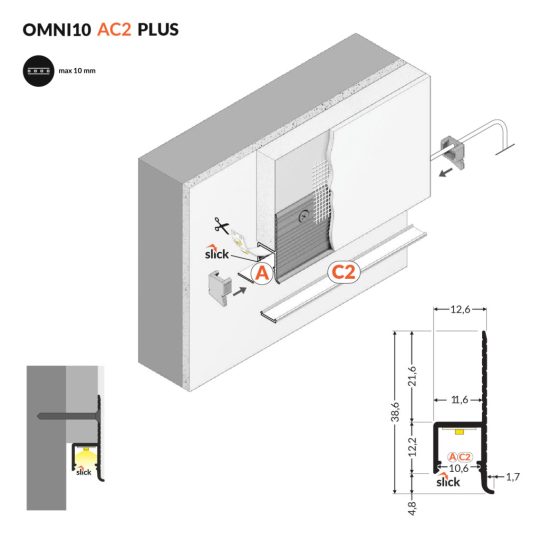 Topmet LED profil OMNI10 AC2 PLUS natur aluminium változatban gipszkartonba süllyesztett világításhoz