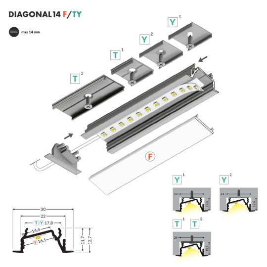 Topmet LED profil DIAGONAL14 F/TY natur alu változatban bútorba süllyesztett LED szalag világításhoz