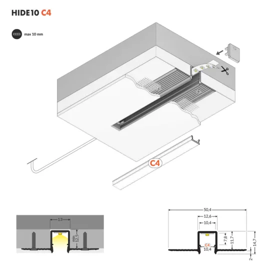 Topmet HIDE10 natur alu gipszkarton LED profil 4 méteres szálban