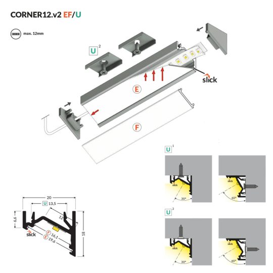 Topmet CORNER12 sarokba építhető LED profil fehér színben
