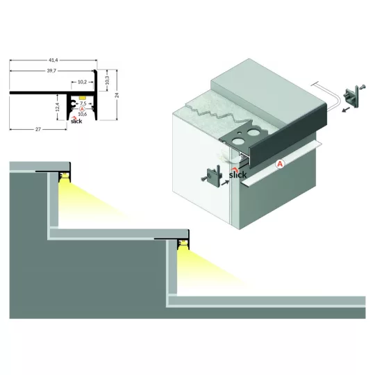 LED profil UP-TILE10 A 3000mm eloxált