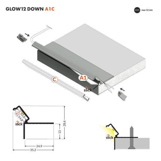 Topmet GLOW12 DOWN A1C eloxált gipszkarton LED profil