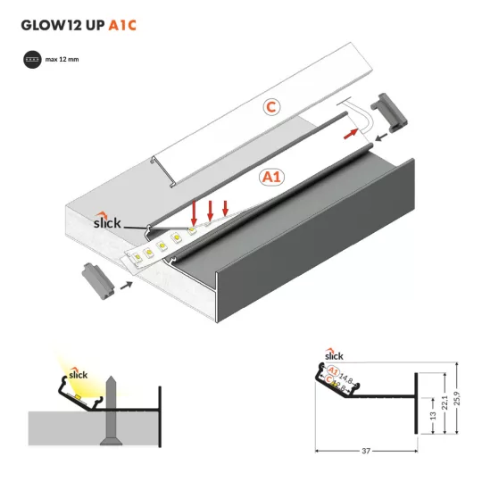 Topmet LED Profil GLOW12 UP A1C fehér