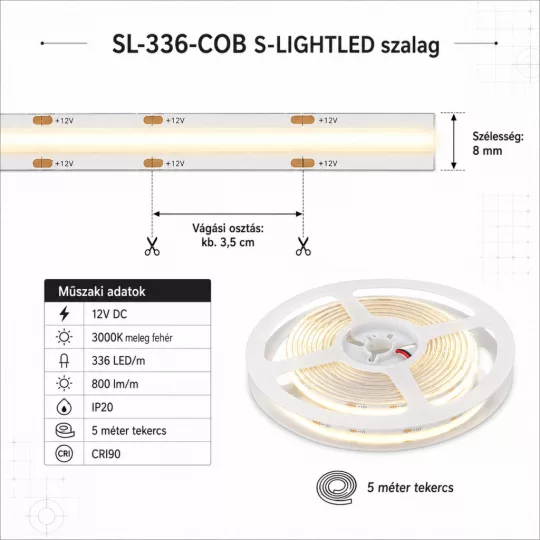 SL-336-COB LED S-LIGHTLED szalag 336LED/m 12V  beltéri 3000K  5 méter