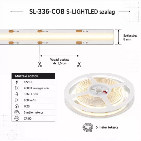 SL-336-COB S-LIGHTLED szalag 336LED/m 12V beltéri 4000K  5 méter