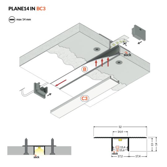 Topmet PLANE14 IN gipszkarton LED profil fehér színű változatban
