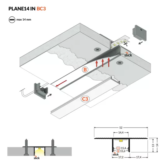 Topmet PLANE14 IN gipszkarton LED profil eloxált változatban