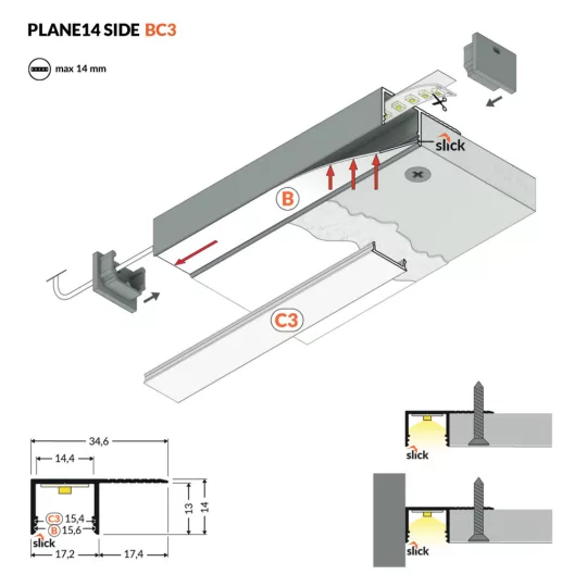 Topmet PLANE14 SIDE gipszkarton LED profil eloxált felülettel