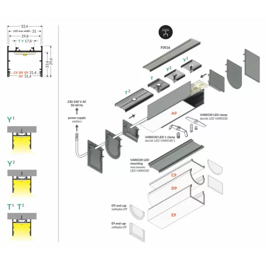 LED profil VARIO30-02 ACDE-9/TY 2000mm fehér