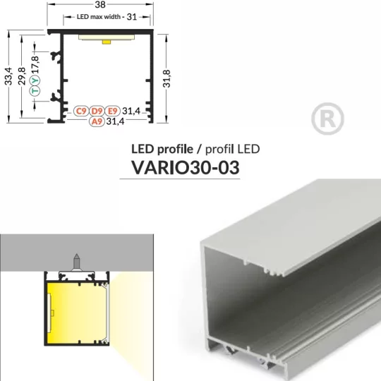 LED profil VARIO30-03 ACDE-9/TY 2000mm fekete