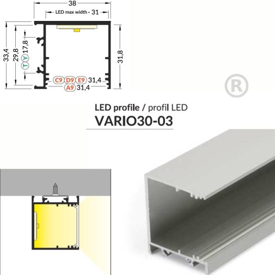 LED profil VARIO30-03 ACDE-9/TY 4000mm eloxált