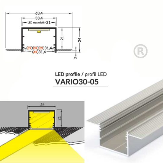 LED profil VARIO30-05 ACDE-9  2000mm eloxált