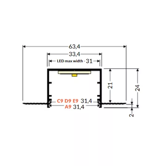 LED profil VARIO30-05 ACDE-9  3000mm eloxált