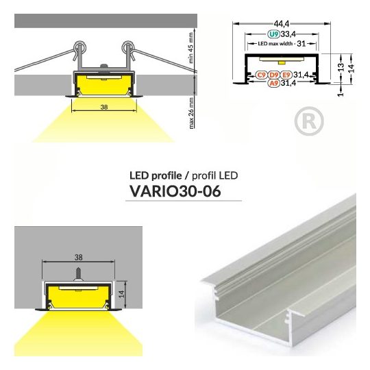 LED profil VARIO30-06 ACDE-9/U9 2000mm eloxált