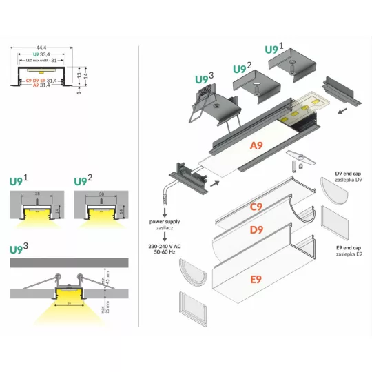 LED profil VARIO30-06 ACDE-9/U9 2000mm fekete