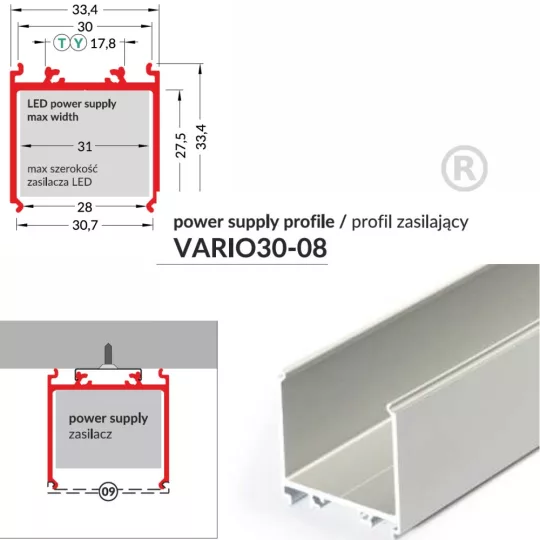 LED profil VARIO30-08 fekete /power supply profile/ 2000mm