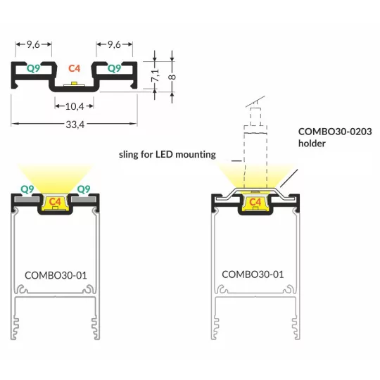 LED profil COMBO30-03 C4/Q9 4000 eloxált